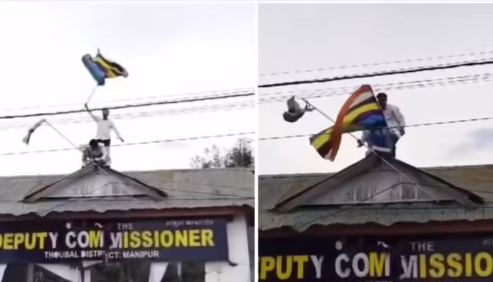 মণিপুরের থাউবাল জেলার ডিসি কার্যালয়ে ভারতের তেরঙা জাতীয় পতাকা নামিয়ে নতুন একটি সাতরঙা পতাকা উত্তোলন করেছে শিক্ষার্থীরা | ছবি: এক্স থেকে নেওয়া